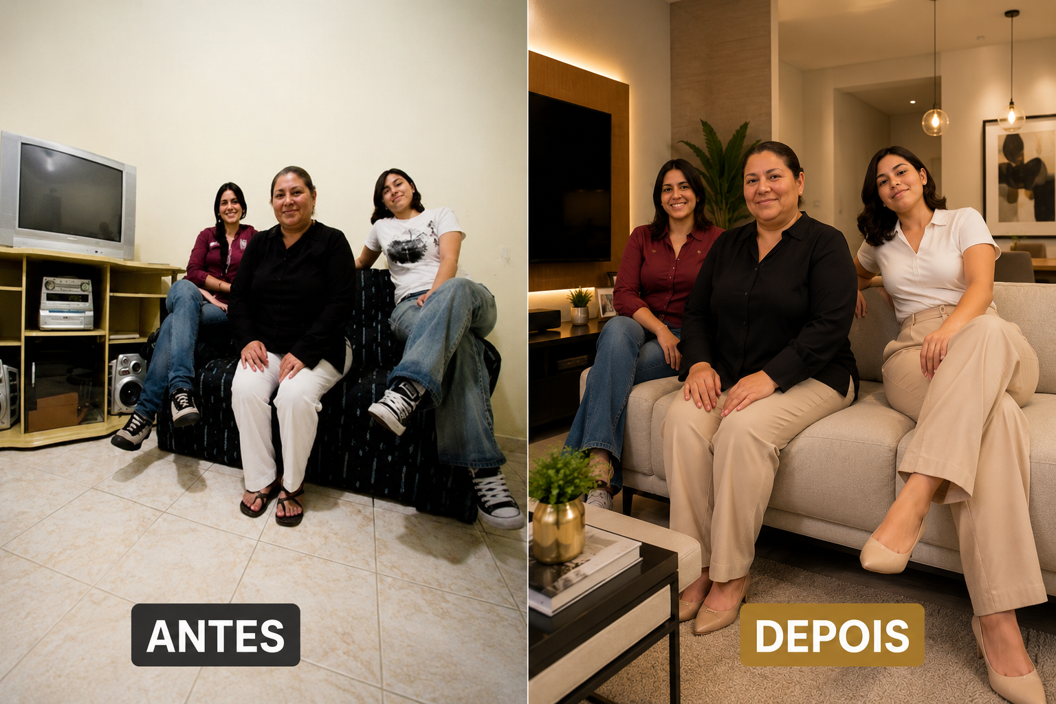 Comparação antes e depois: a mesma cliente em um ambiente simples e depois em um ambiente renovado, mostrando a transformação possível com a prática
