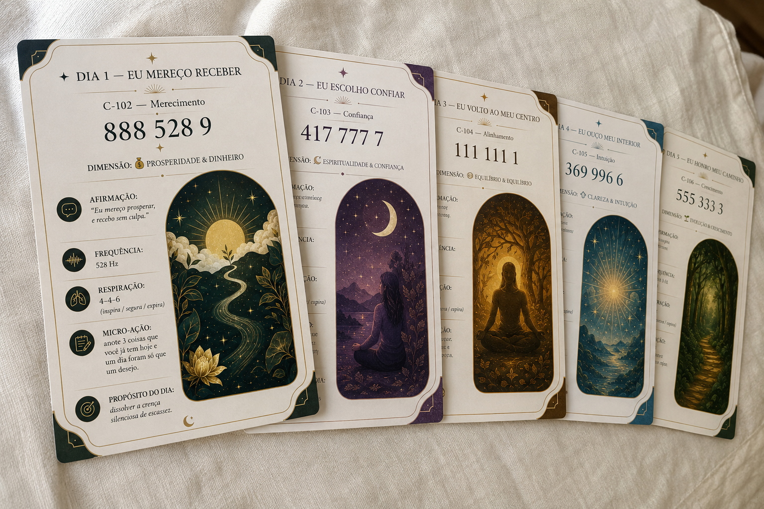Cartas dos 5 primeiros dias do material: Dia 1 — Eu Mereço Receber, Dia 2 — Eu Escolho Confiar, Dia 3 — Eu Volto ao Meu Centro, Dia 4 — Eu Ouço Meu Interior e Dia 5 — Eu Honro Meu Caminho