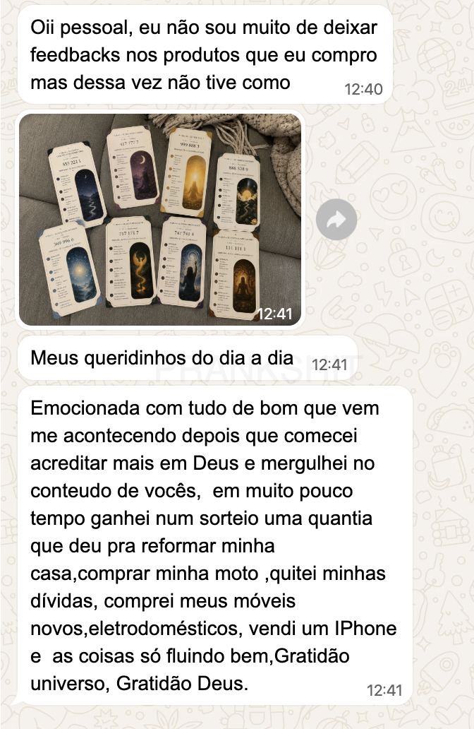 Print de mensagem de cliente contando que ganhou um sorteio, reformou a casa, quitou dívidas e viu as coisas fluírem depois de começar a prática