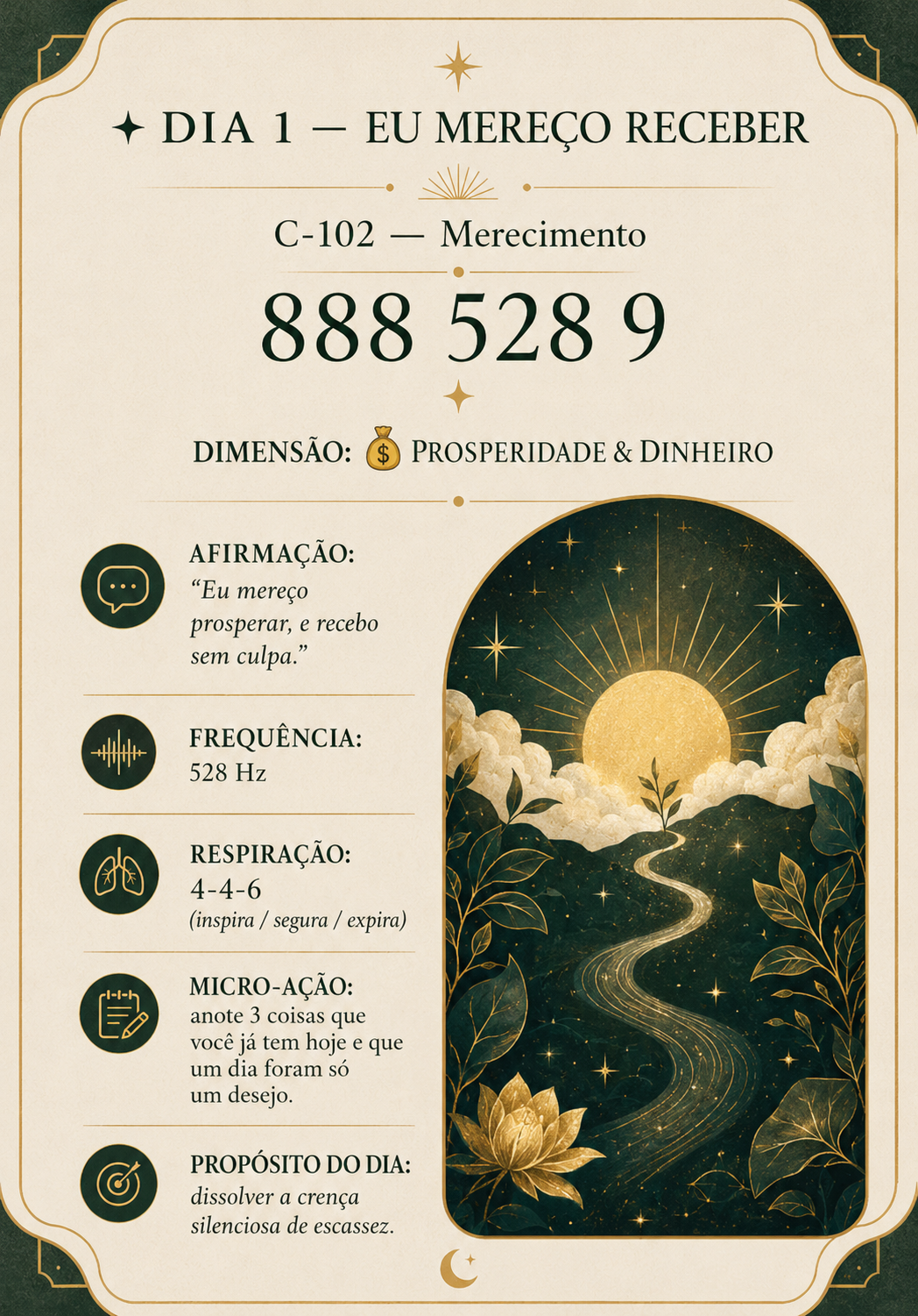 Cartão do Dia 1 — Eu Mereço Receber, com o código 888 528 9, afirmação, frequência, respiração e micro-ação