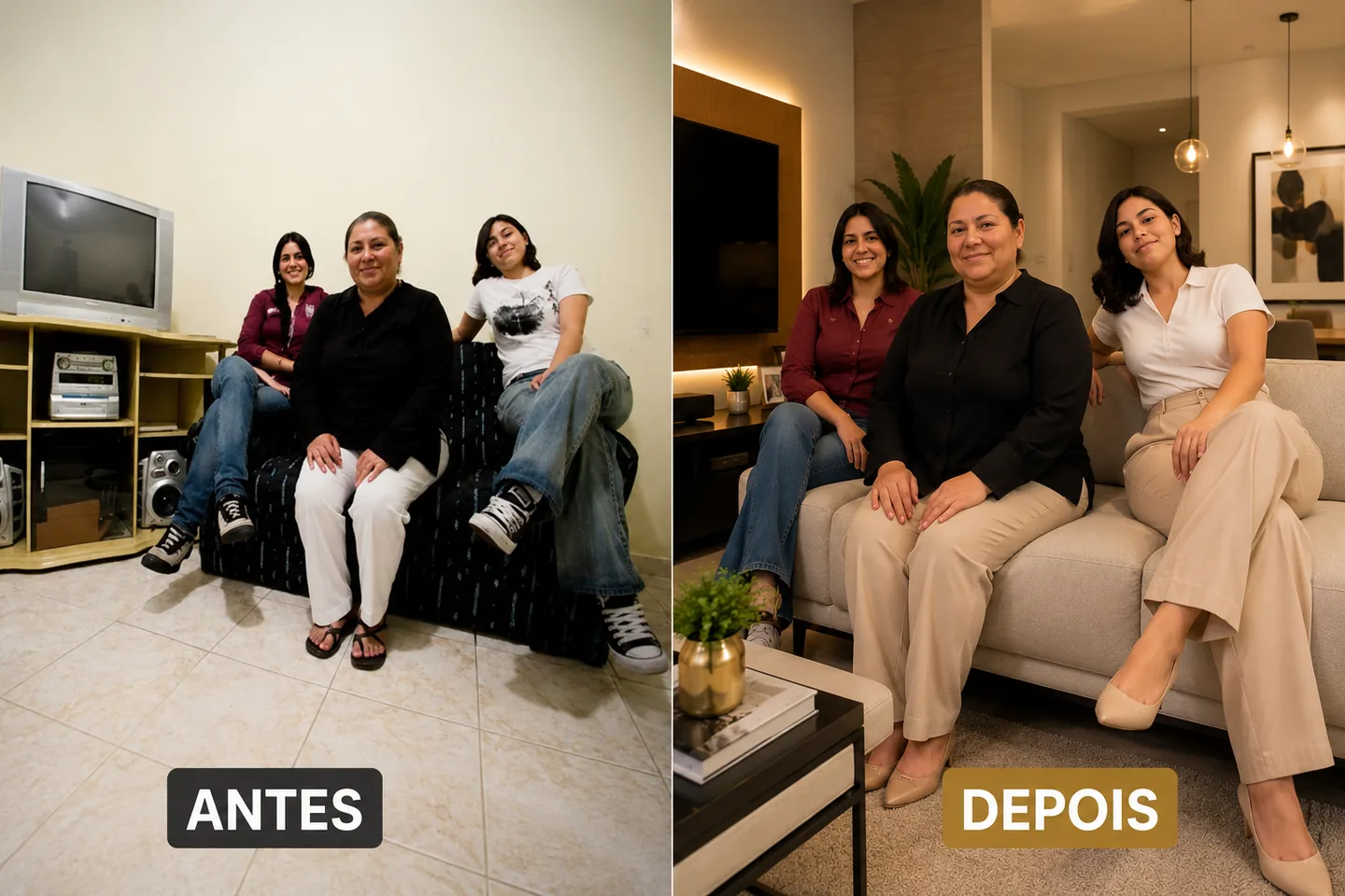Comparação antes e depois: a mesma cliente em um ambiente simples e depois em um ambiente renovado, mostrando a transformação possível com a prática